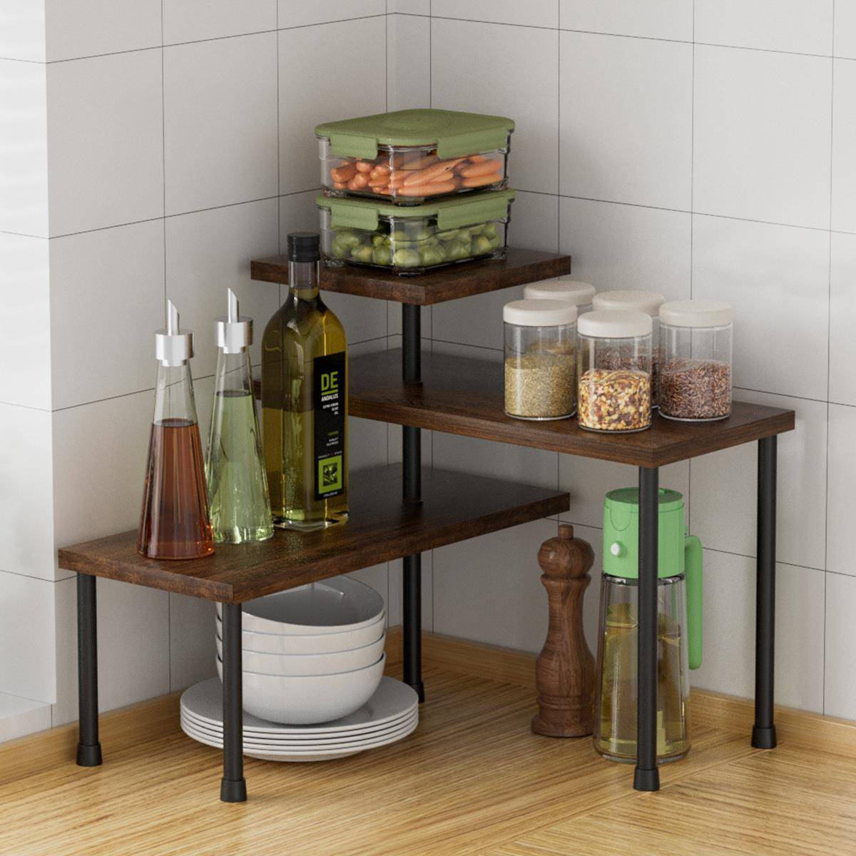 木板置物架多层收纳架厨房调料用品整理架多功能桌面角落隔板支架