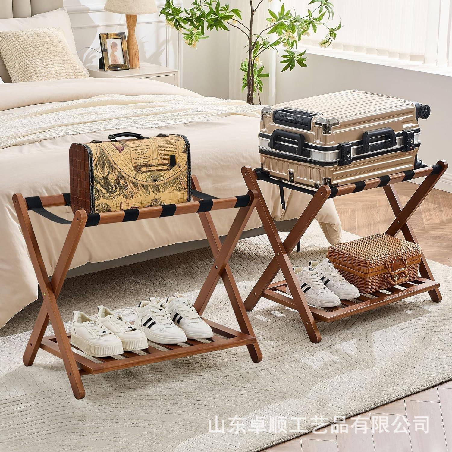 实木行李架酒店家用两层收纳架可折叠手提支架宾馆民宿行李置物架