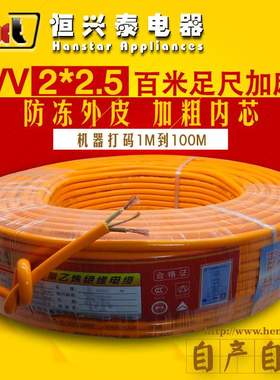 恒兴泰RVV2x2.5电线 百米足尺加麻绳防爆防水江湖地摊黄色电缆线