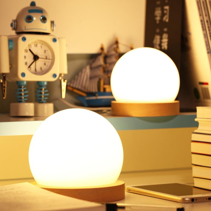 房间氛围装饰灯榉木小夜灯月球灯摆件卧室床头USB台灯发光圆球灯