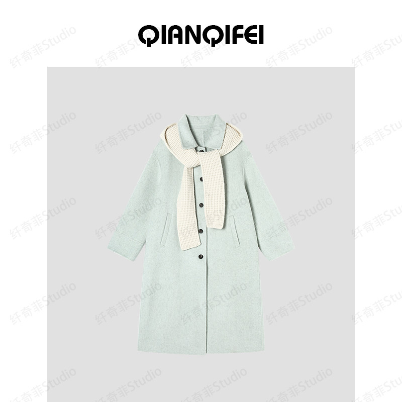 12.9F C 新款学院风针织披肩娃娃领直筒双面大衣 2589