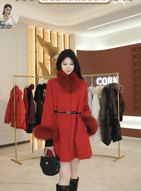 1-8H 新款毛毛围脖圆领复古收腰斗篷大衣 25135