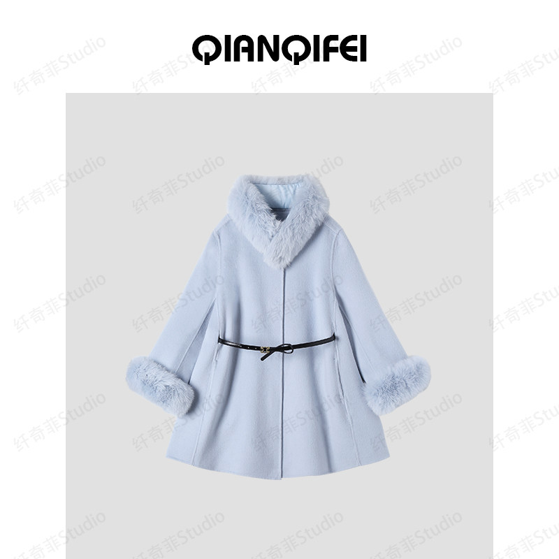 1-3H 新款毛毛围脖圆领复古收腰斗篷大衣 25135