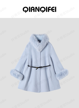 12-19F  新款毛毛围脖圆领复古收腰斗篷大衣 25135