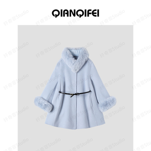 毛毛围脖圆领复古收腰斗篷大衣 新款 25135 27H