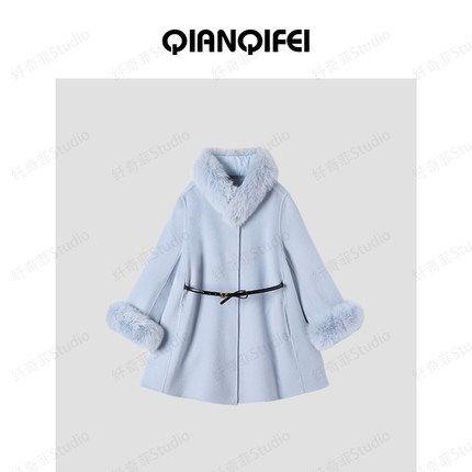 12-19F  新款毛毛围脖圆领复古收腰斗篷大衣 25135