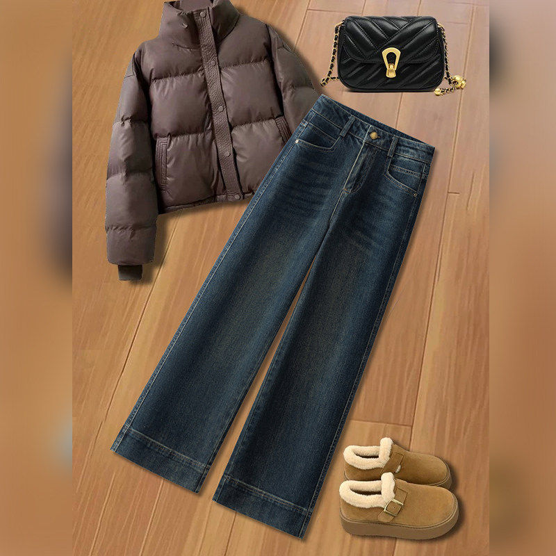 复古加绒牛仔裤女秋冬2025新款小个子加厚九分裤高级感保暖直筒裤
