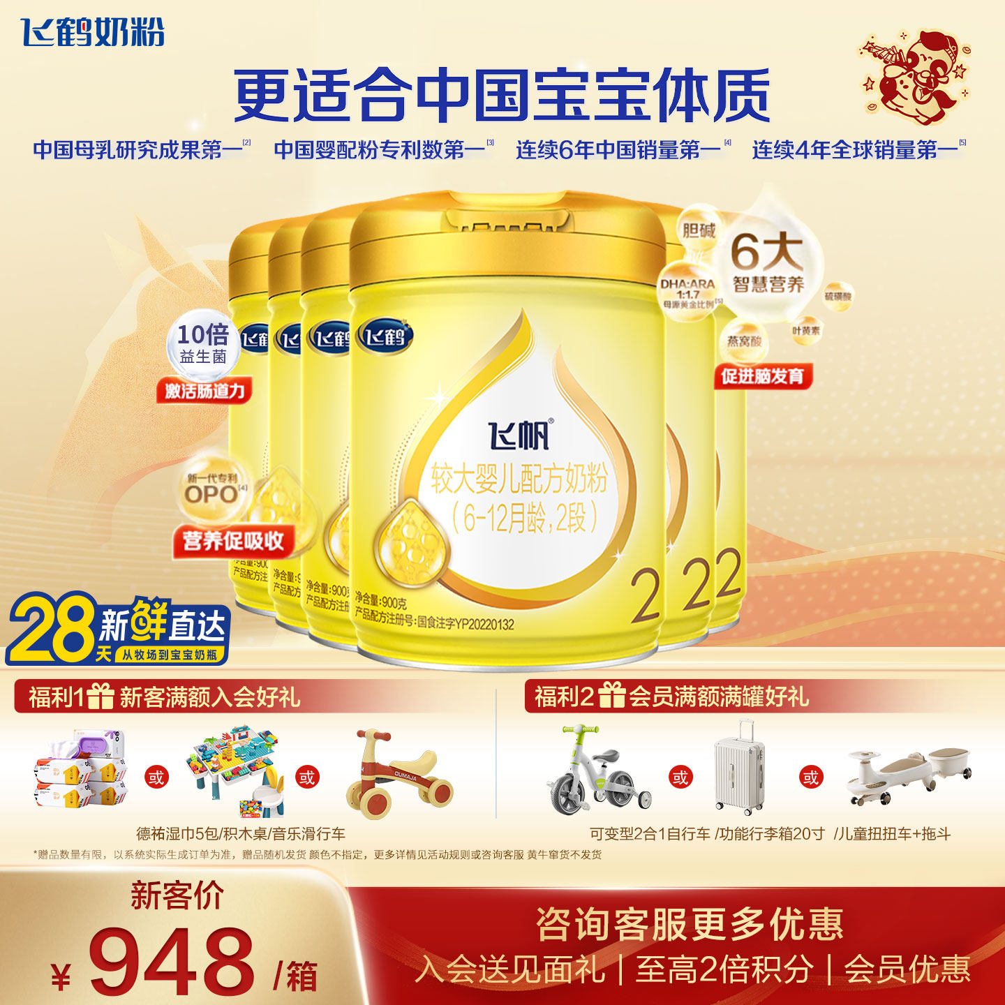 育儿补贴】飞鹤飞帆呵护奶粉2段6罐900g旗舰店二段牛奶粉官方正品