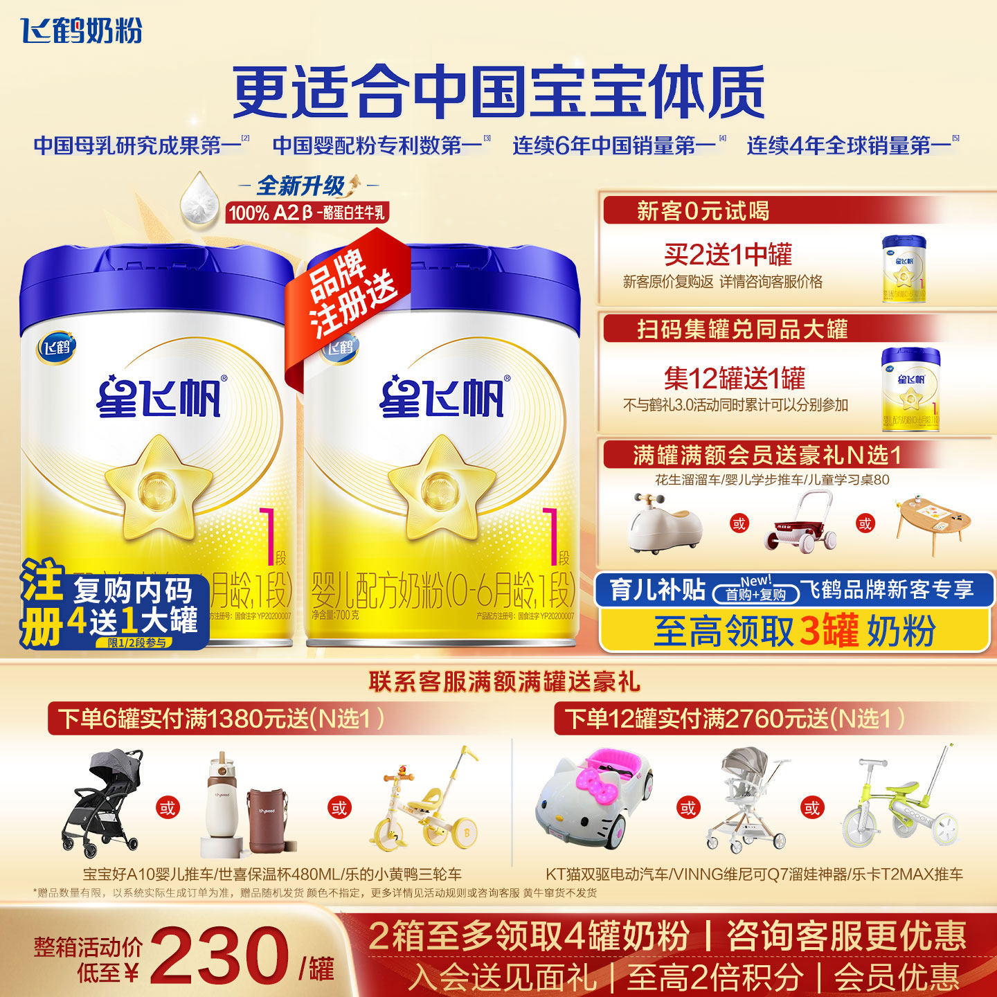 育儿补贴】飞鹤星飞帆1段奶粉官方旗舰店700g新生婴儿一段正品