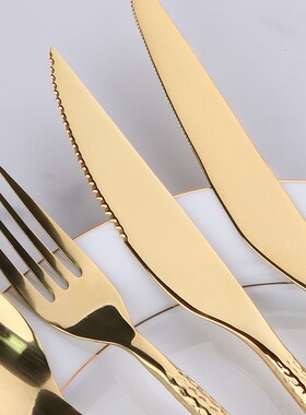 西餐圆柄刀叉勺三件套金色t不锈钢304牛排刀叉勺子西餐具套装家用