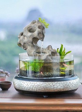 玻璃圆形流水生财鱼缸循环水客厅办公室桌面小喷泉假W山造景观摆