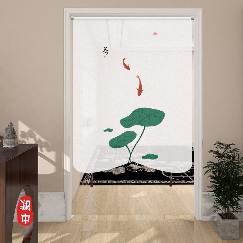 中式玄关门帘隔断帘卧室厨房挡风透明隐私遮挡半R挂帘子家用免打