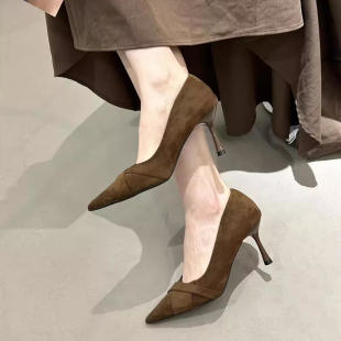 不累脚 气质显瘦绒面交叉浅口通勤单鞋 2025秋冬新款 尖头细跟高跟鞋