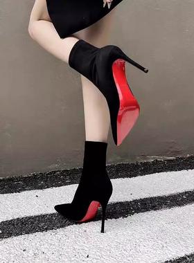 2025新款性感黑色红底百搭短靴女细跟尖头绒面弹力瘦瘦靴高跟女靴