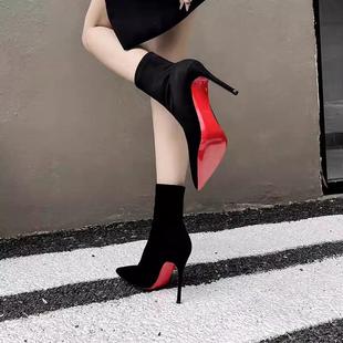 2025新款 性感黑色红底百搭短靴女细跟尖头绒面弹力瘦瘦靴高跟女靴
