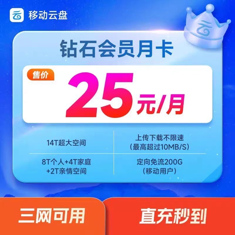中国移动云盘VIP12个月 白银会员/黄金会员/钻石会员365天年卡图片