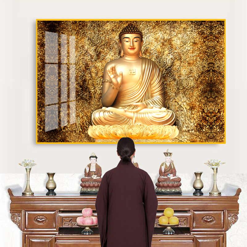 如来佛祖挂画佛堂背景墙晶瓷画大日如来佛像带框释迦牟尼装饰画