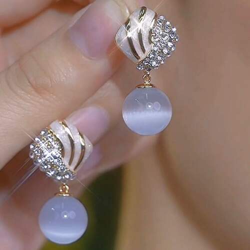 不对称猫眼石珠珠耳环女小众