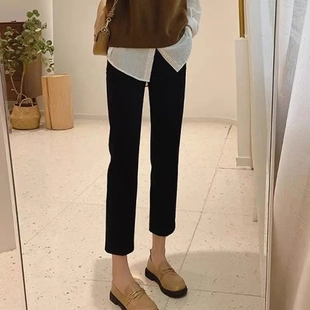 朵雅时尚女装黑色烟管直筒牛仔裤女2025高腰法棍裤修身七八九分裤