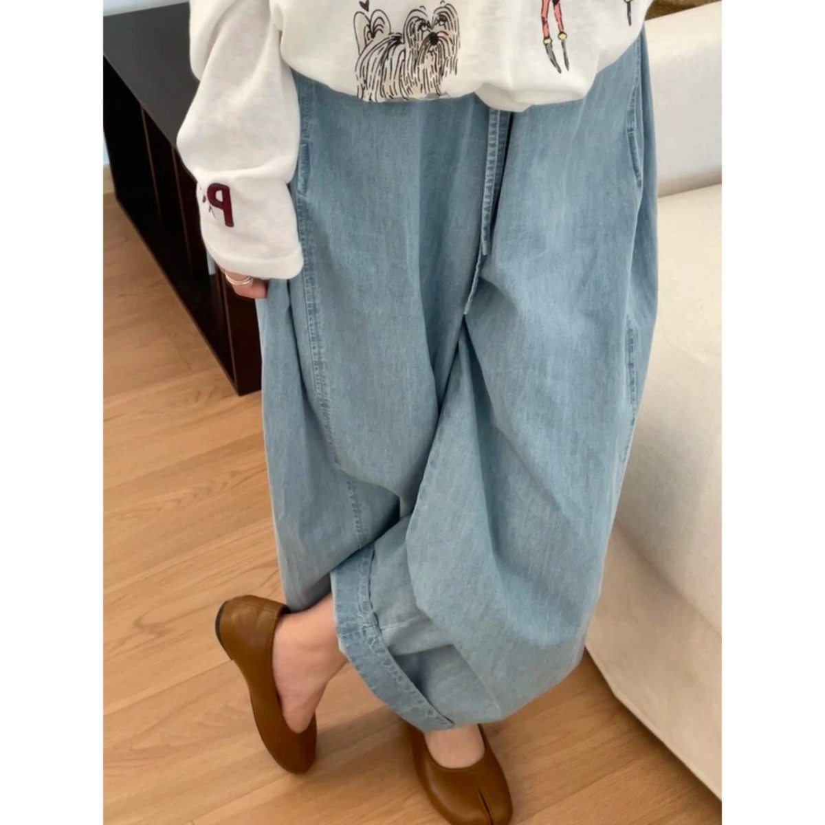 肖美丽大码女装慵懒风阔腿牛仔裤女夏显瘦宽松日系九分棉麻奶奶裤