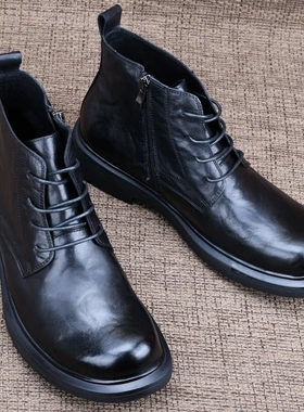 CATIA SELI男鞋新款秋冬季马丁靴男真皮高帮系带厚底商务休闲皮靴