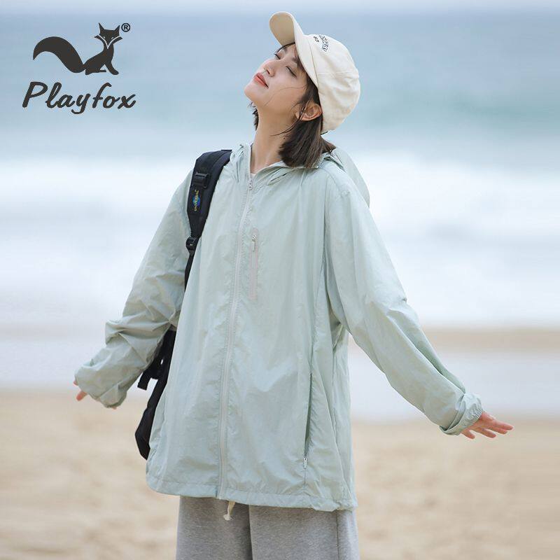 PLAYFOX2024夏季新款纯色帽檐连帽防晒衣皮肤衣情侣款—F042MJ063