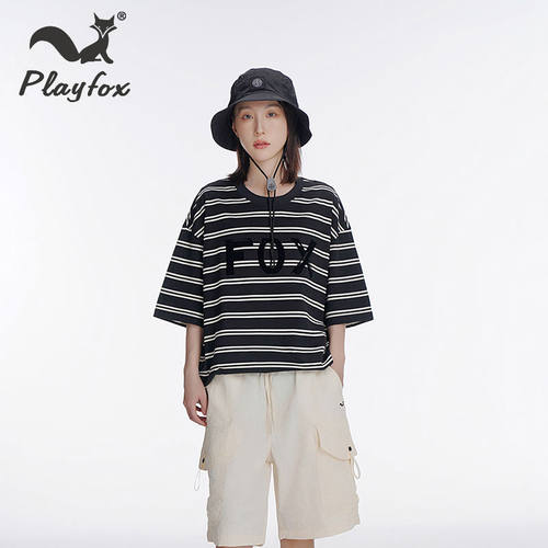 PLAYFOX夏季新款T恤上衣男士休闲宽松条纹日系-F042MT007