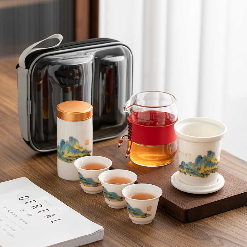 便携式旅行茶具小套装备户外包泡茶壶茶杯简易玻璃千里江山快客杯
