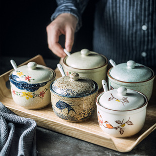 陶瓷调味罐辣椒油罐老式厨房家用盐罐陶瓷复古风日式带盖商用餐具