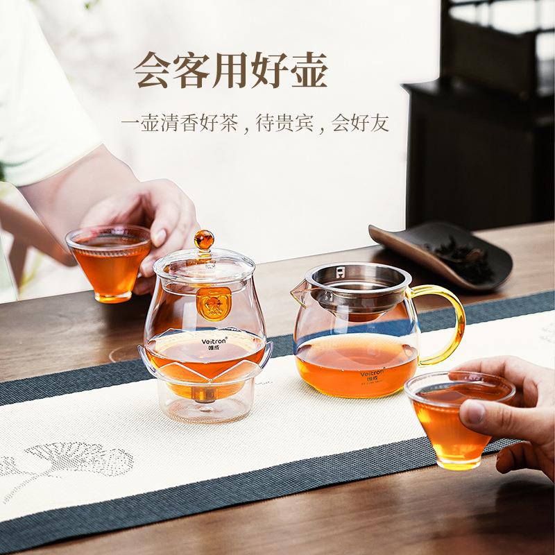 盖碗式分离易泡壶泡茶家用黄把加厚烧水壶茶水分离高硼硅玻璃茶壶