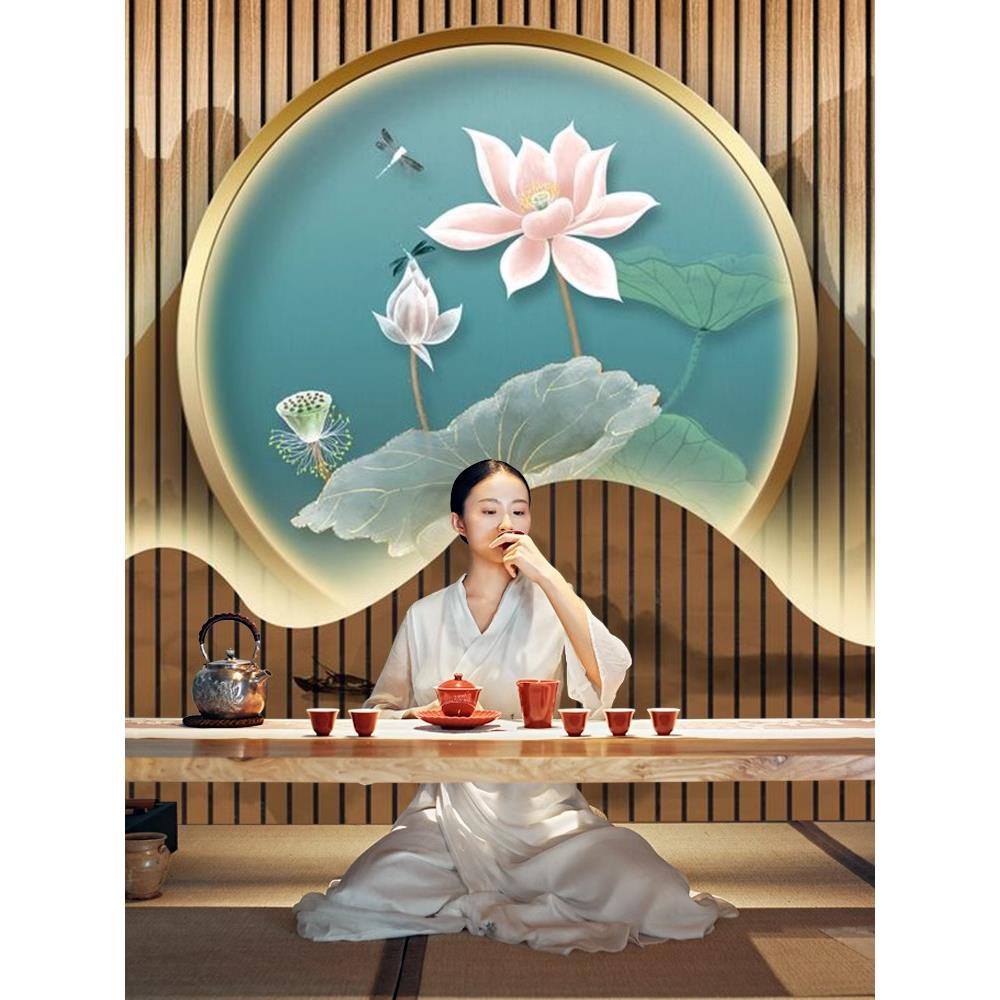 3d立体古风壁纸荷花墙布装饰禅意背景墙墙布8d壁画中式茶室5d墙纸