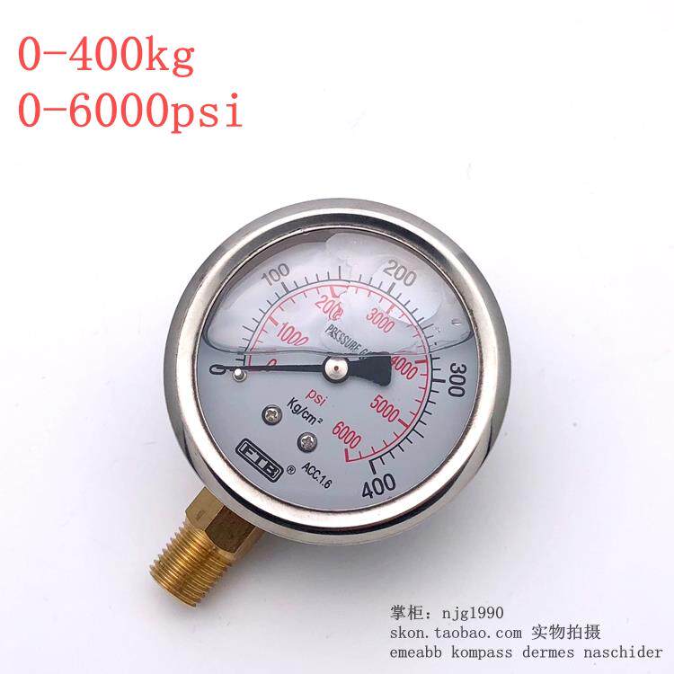 FTB立式充油耐震气压表0-400kg液压表6000psi压力表2分螺纹1/4PT