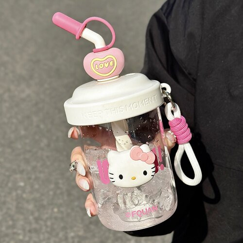 碰一杯子可爱kt猫水杯女高颜值带吸管塑料便携学生夏天旋风搅拌杯