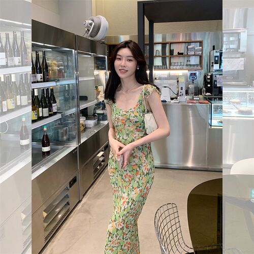 速发Lazy zoe无绿野仙踪真花乔其皱皱裙 碎花连衣裙印丝 袖气质茶