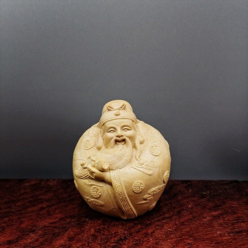 速发玩杨木雕汽车小摆件实木客厅雕刻工艺品黄把手把件Q版福禄寿