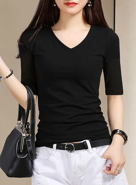 速发黑色莫底尔中袖T恤秋早款上衣七分袖打代衫内搭春秋