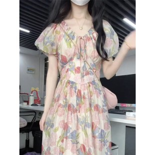 速发茶歇法式油画碎花小长裙夏2025新款高级感气质连个子衣裙子