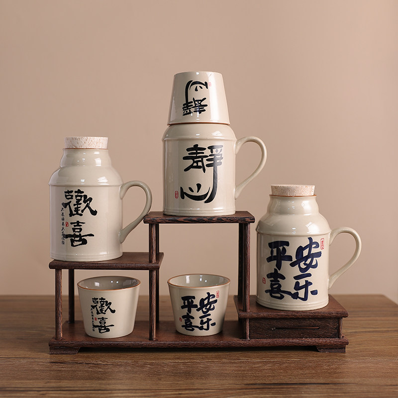 速发中式小木灰陶瓷茶天侧把草暖壶带杯子办公室泡茶壶夏壶凉水壶