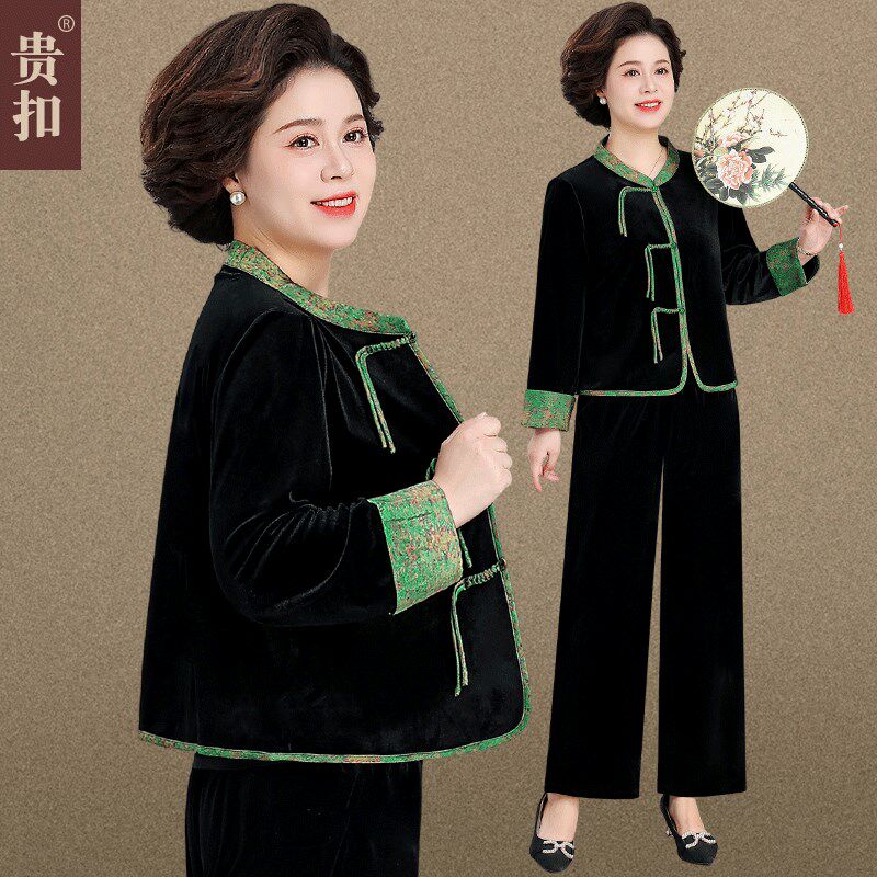 速发外年妈妈秋装金丝新套装2024绒款中老年春中套洋气大码上衣