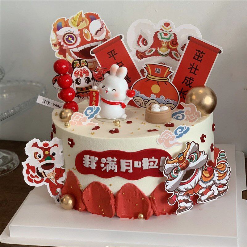 速发兔孩宝一周孩蛋糕装饰摆件男宝岁中式国潮风小兔子生日烘焙插