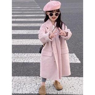 韩国童装2024秋冬新款粉色西装领风衣外套女童中长款毛呢大衣外套