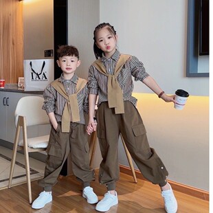 女童秋装套装2025新款男孩洋气时髦条纹寸衫姐弟装百搭长袖两件套