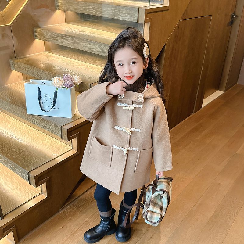 儿童毛呢外套秋冬季加厚女童中长款连帽呢子大衣宝宝洋气风衣外套