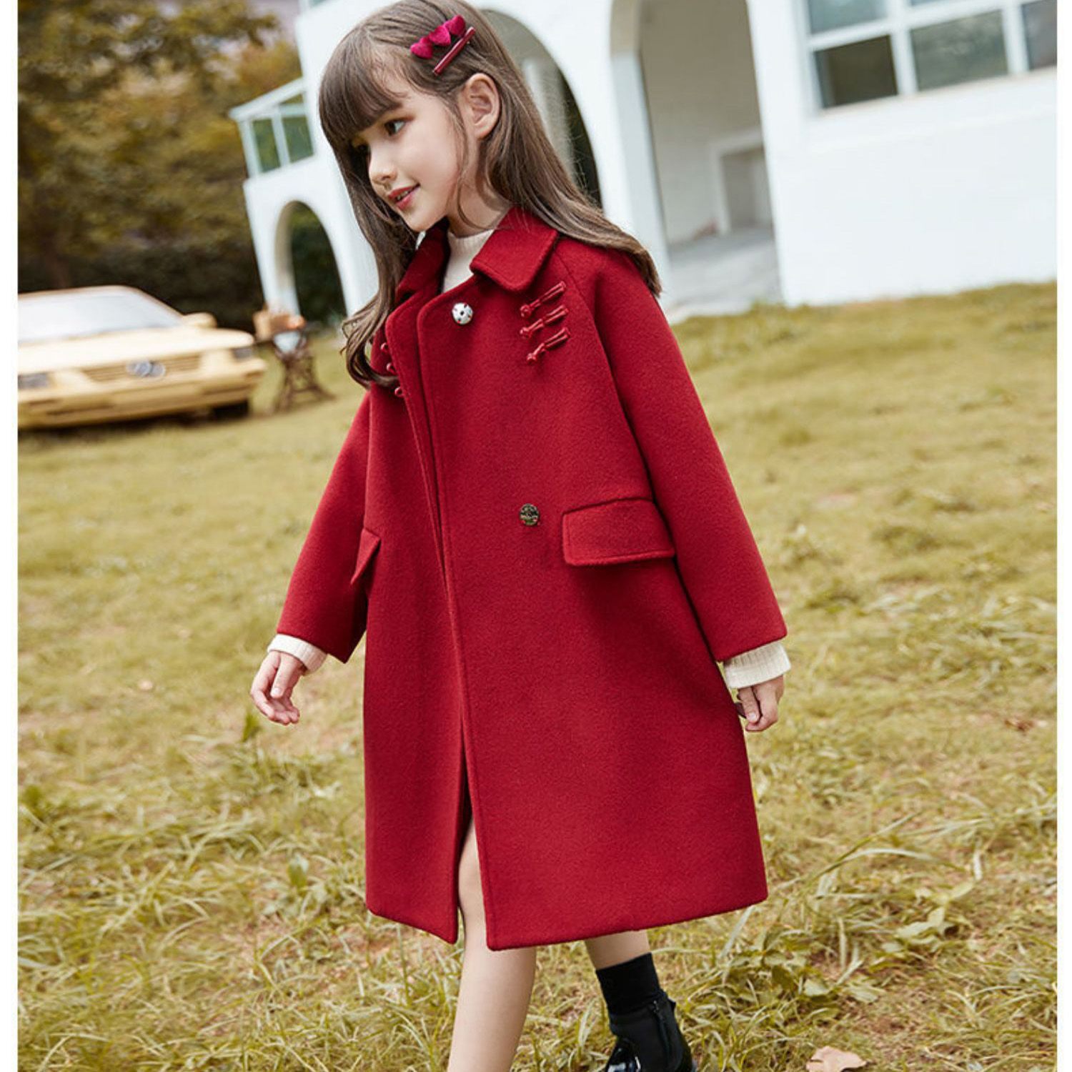 女童毛呢外套秋冬季洋气新中式新年红色中长款儿童呢子大衣加厚冬