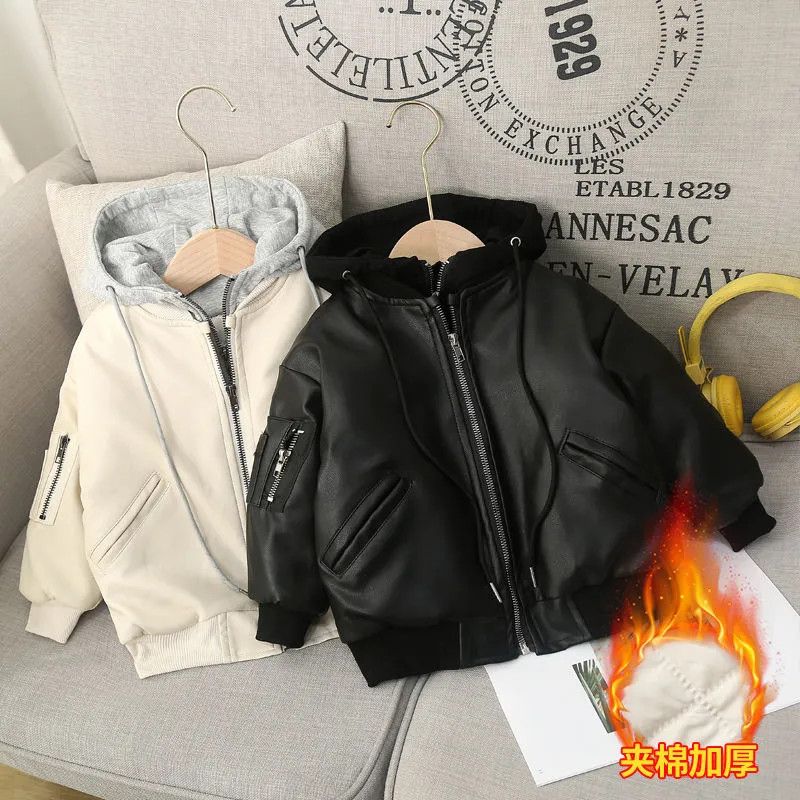 儿童加棉加厚皮衣秋冬款2025新款小童假两件皮夹克男女宝宝外套潮