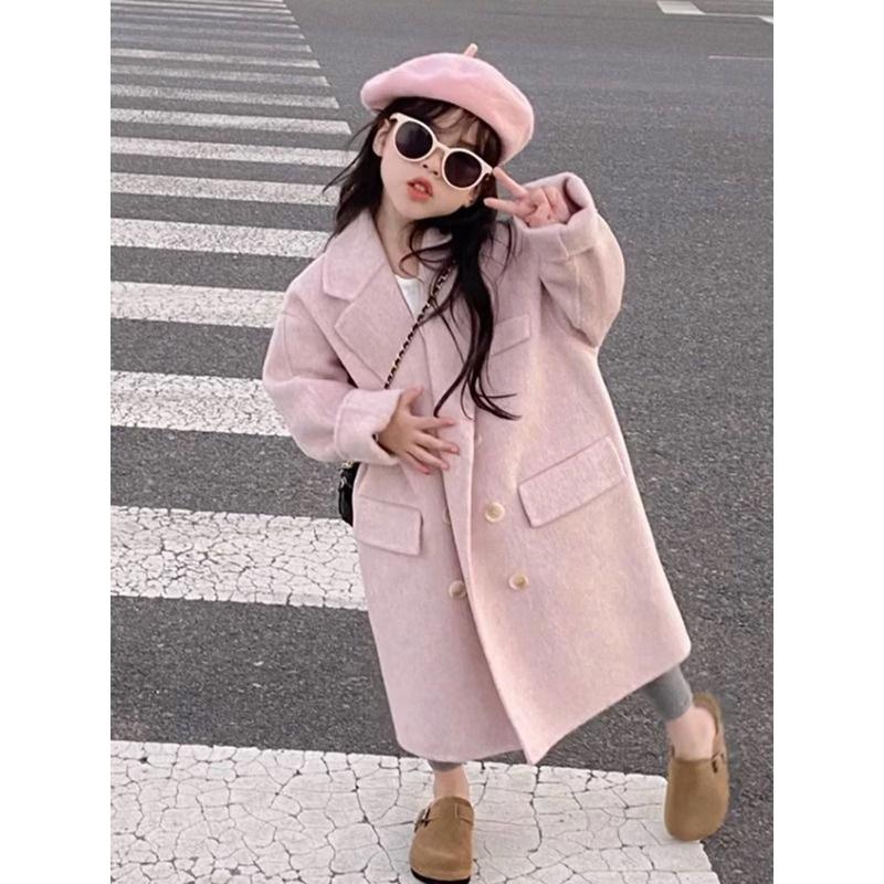 韩版女童2024秋冬新款粉色加厚呢子大衣女宝宝中长款保暖毛呢外套