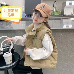 女童白鸭绒马甲秋冬儿童中大童带帽幼儿园加厚外穿马夹背心童装潮