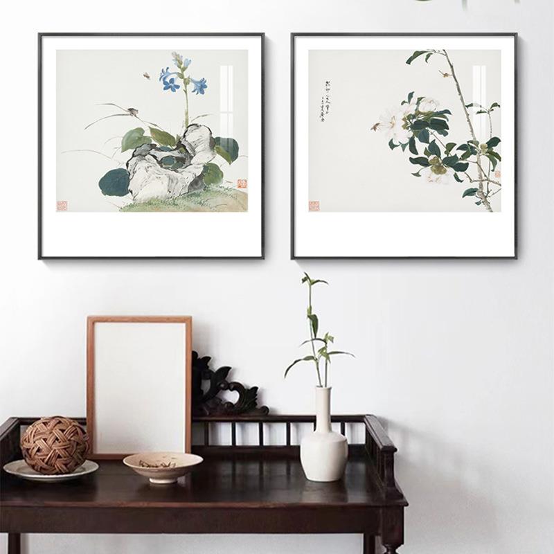新中式牡丹花组合卧室床头挂画原木风花鸟禅意客厅沙发背景装饰画图片