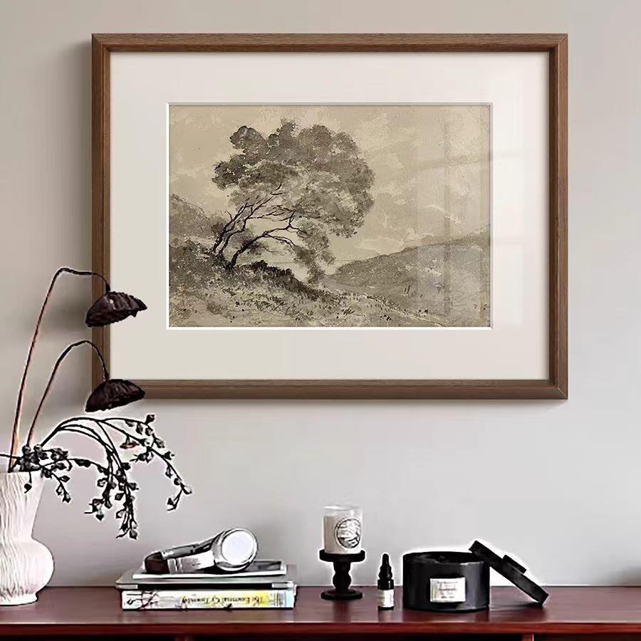 树》黑白素描装饰画法式复古中古风客厅壁画玄关走廊书房实木挂画图片