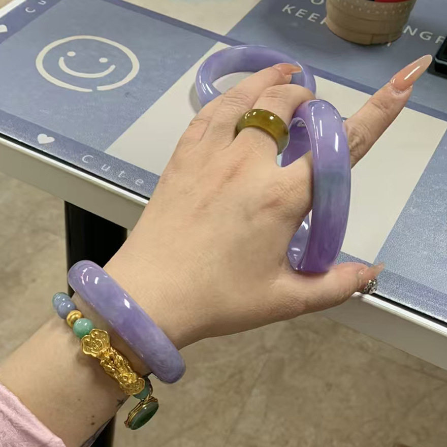 【带证】缅甸天然翡翠紫罗兰糯种玉石正圈贵妃圆条手镯子女款